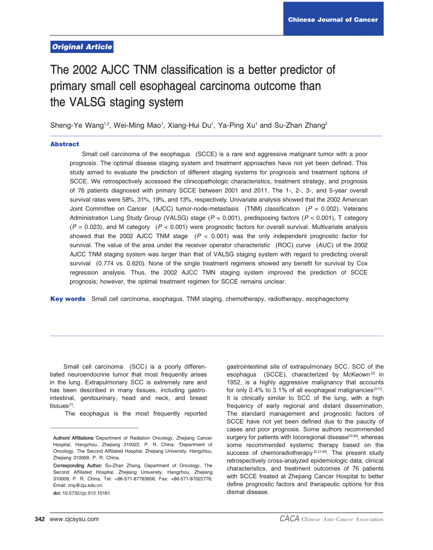 Pdf The 02 Ajcc Tnm Classification Is A Better Predictor Of Primary Small Cell Esophageal Carcinoma Outcome Than The Valsg Staging System