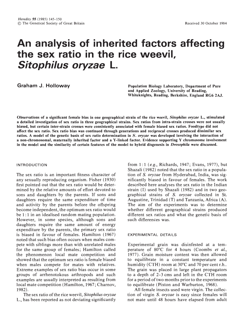 Pdf An Analysis Of Inherited Factors Affecting The Sex Ratio In The Rice Weevil Sitophilus 9156