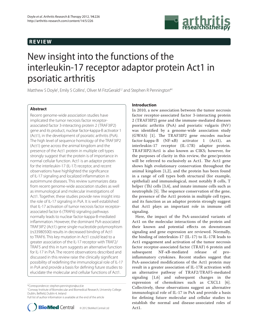 Pdf New Insight Into The Functions Of The Interleukin 17 Receptor Adaptor Protein Act1 In Psoriatic Arthritis