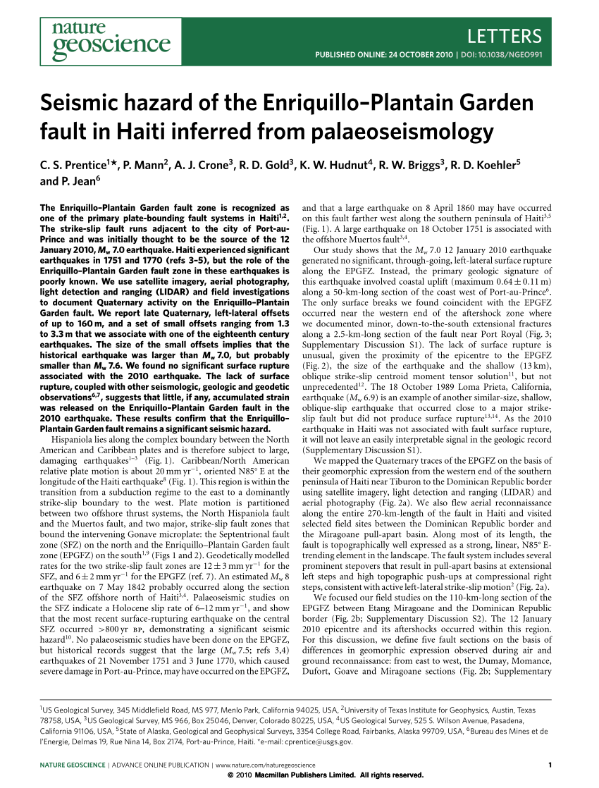 Pdf Seismic Hazard Of The Enriquillo Plantain Garden Fault In Haiti Inferred From Palaeoseismology