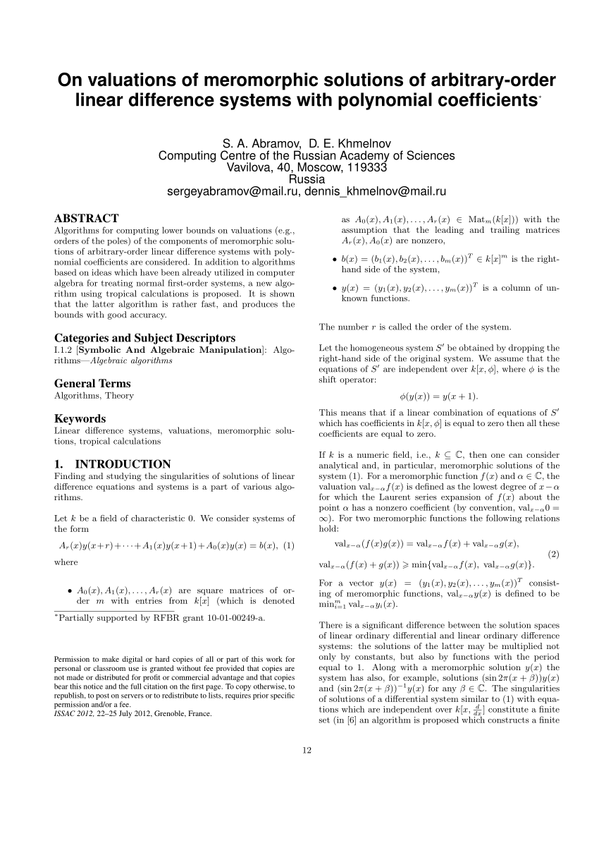 Pdf On Valuations Of Meromorphic Solutions Of Arbitrary Orderlinear Difference Systems With Polynomial Coefficients