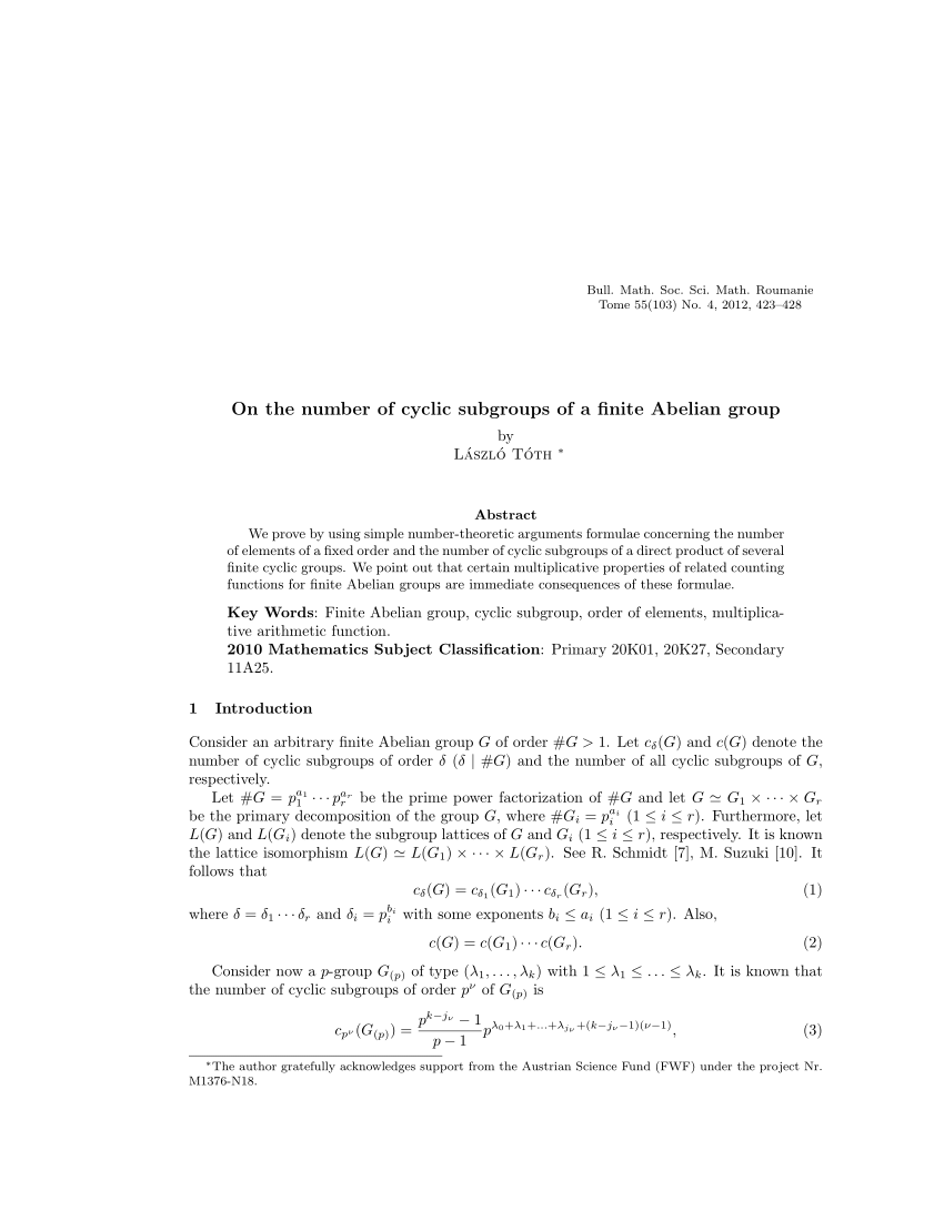 Pdf On The Number Of Cyclic Subgroups Of A Finite Abelian Group