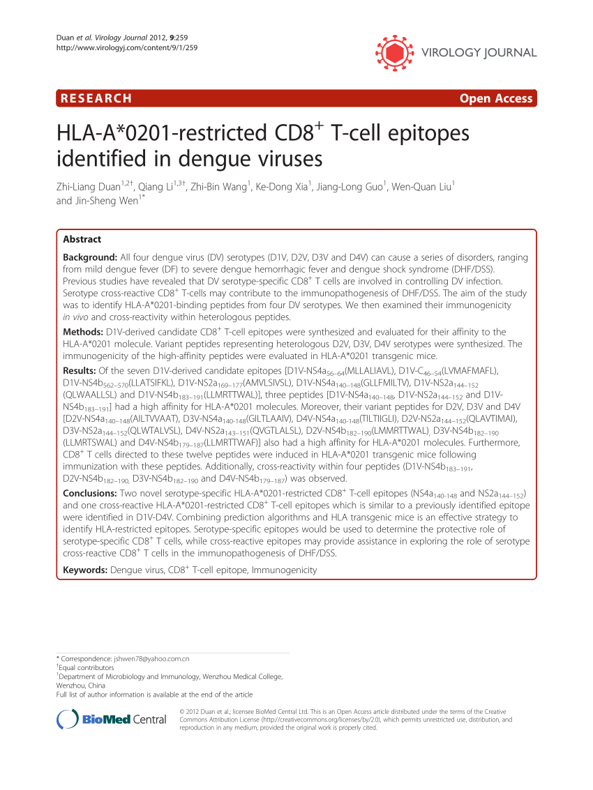 Pdf Hla A 01 Restricted Cd8 T Cell Epitopes Identified In Dengue Viruses