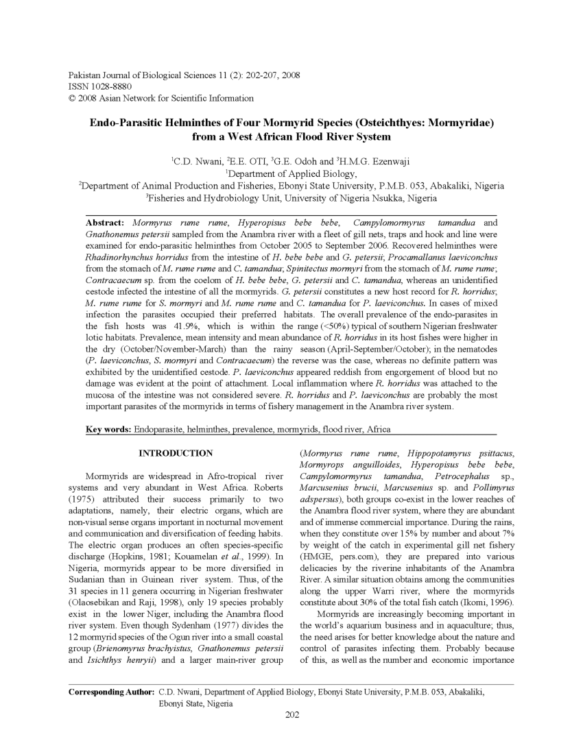 Pdf Endo Parasitic Helminthes Of Four Mormyrid Species Osteichthyes Mormyridae From A West African Flood River System