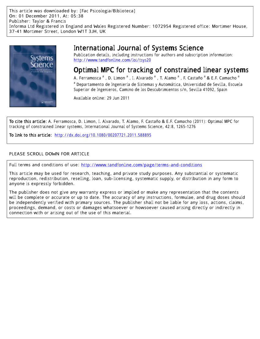 Pdf Optimal Mpc For Tracking Of Constrained Linear Systems