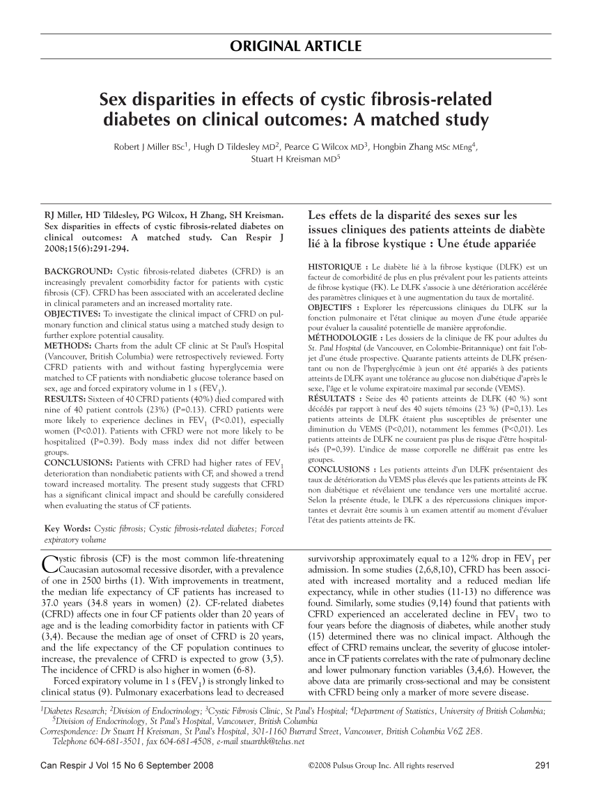 PDF) Sex Disparities in Effects of Cystic Fibrosis-Related Diabetes on Clinical Outcomes A Matched Study