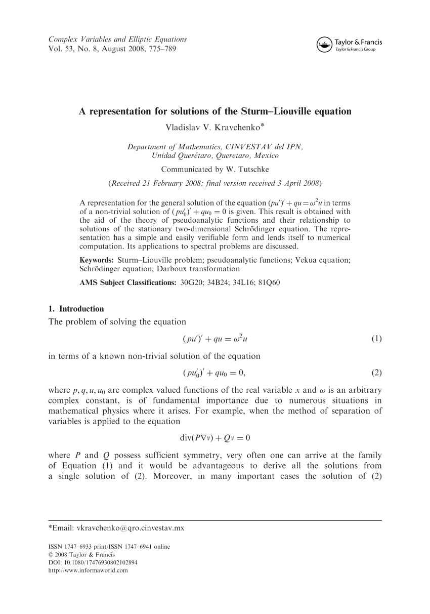 Pdf A Representation For Solutions Of The Sturm Liouville Equation