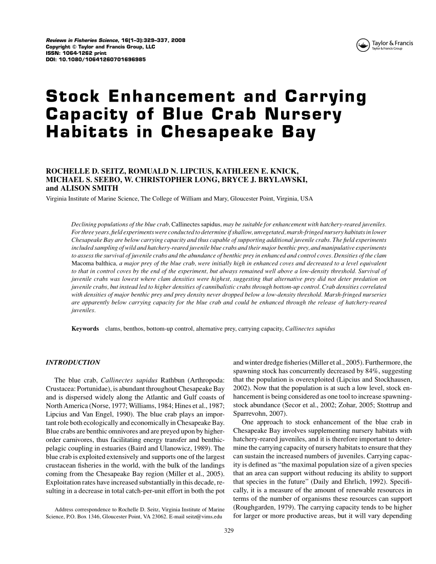Pdf Stock Enhancement And Carrying Capacity Of Blue Crab