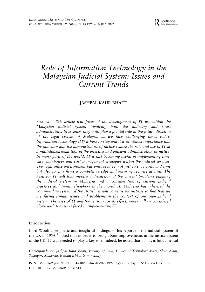 Pdf Role Of Information Technology In The Malaysian Judicial System Issues And Current Trends