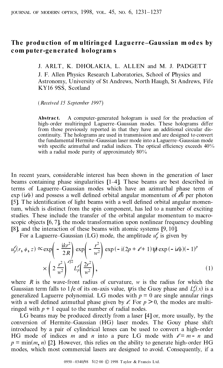Pdf The Production Of Multiringed Laguerre Gaussian Modes By Computer Generated Holograms