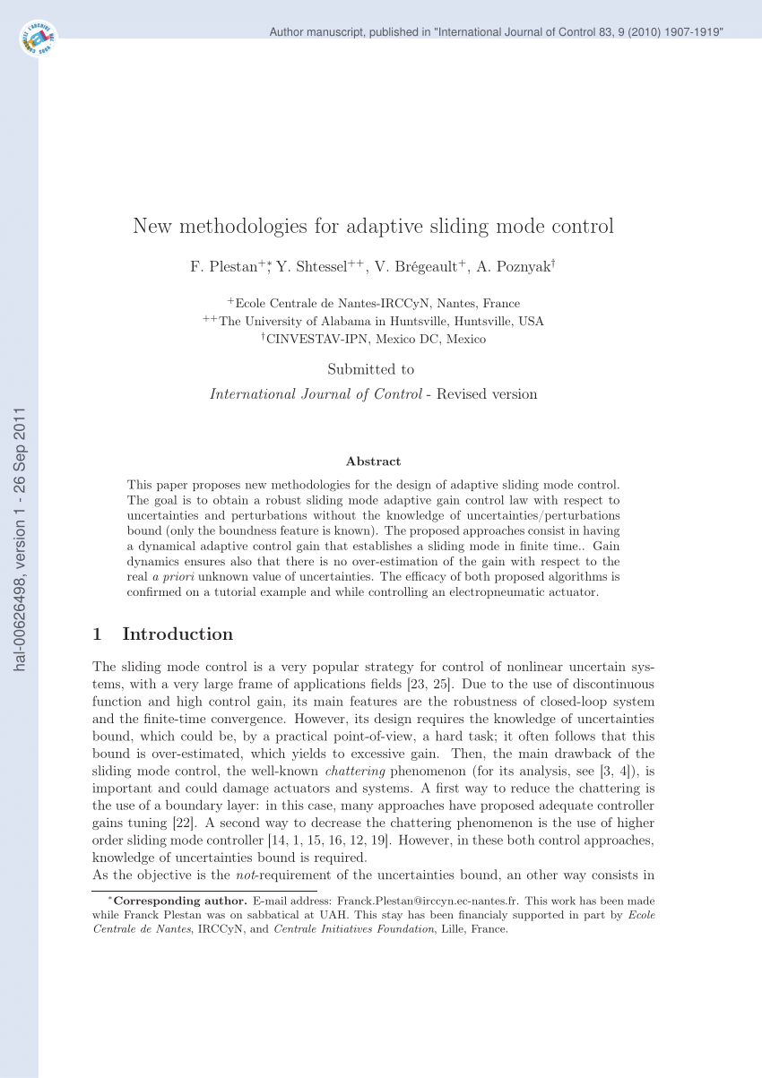 Pdf New Methodologies For Adaptive Sliding Mode Control