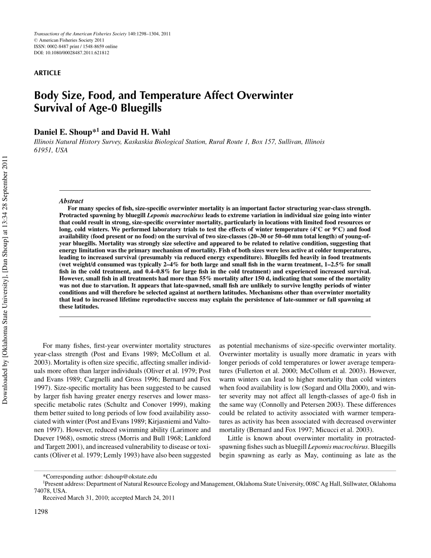 PDF) Body Size, Food, and Temperature Affect Overwinter Survival of Age-0  Bluegills