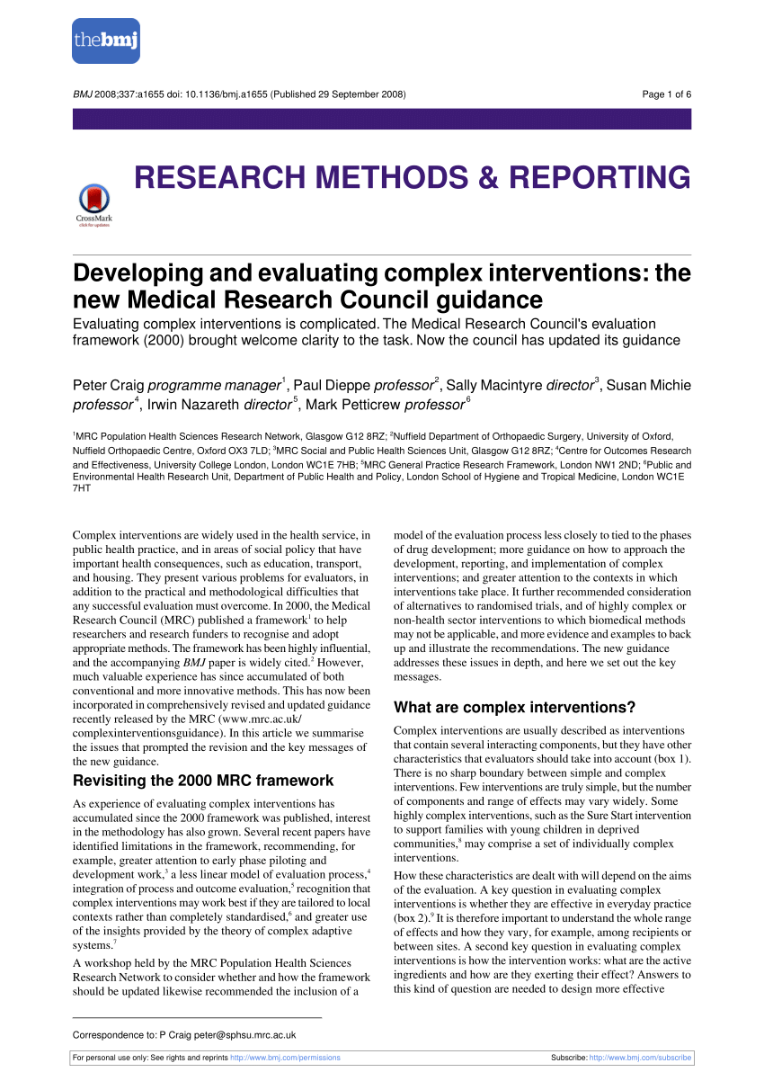 medical research council developing and evaluating complex interventions