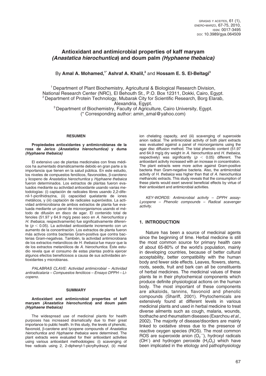 PDF) Antioxidant and antimicrobial properties of kaff maryam(Anastatica  hierochuntica) and doum palm (Hyphaene thebaica)
