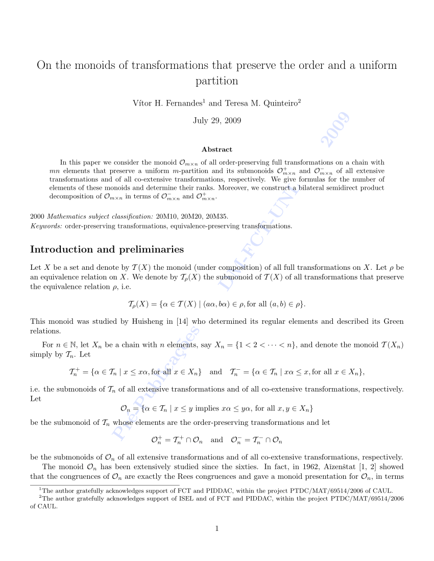 Pdf On The Monoids Of Transformations That Preserve The Order And A Uniform Partition