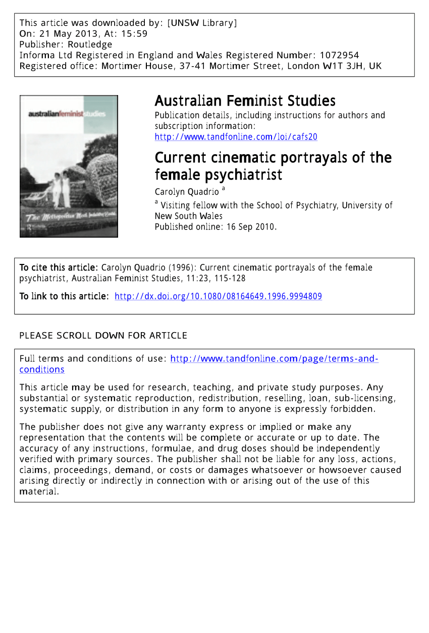 Pdf Current Cinematic Portrayals Of The Female Psychiatrist