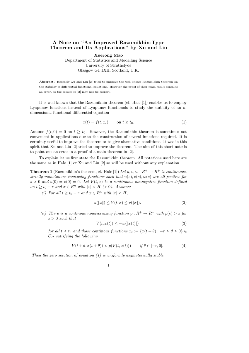 Pdf A Note On An Improved Razumikhin Type Theorem And Its Applications By Xu And Liu