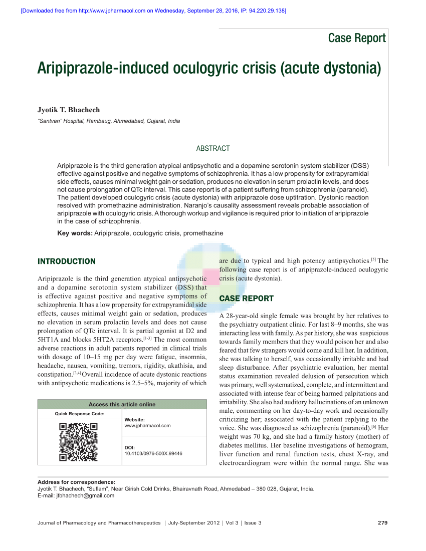 Pdf Aripiprazole Induced Oculogyric Crisis Acute Dystonia