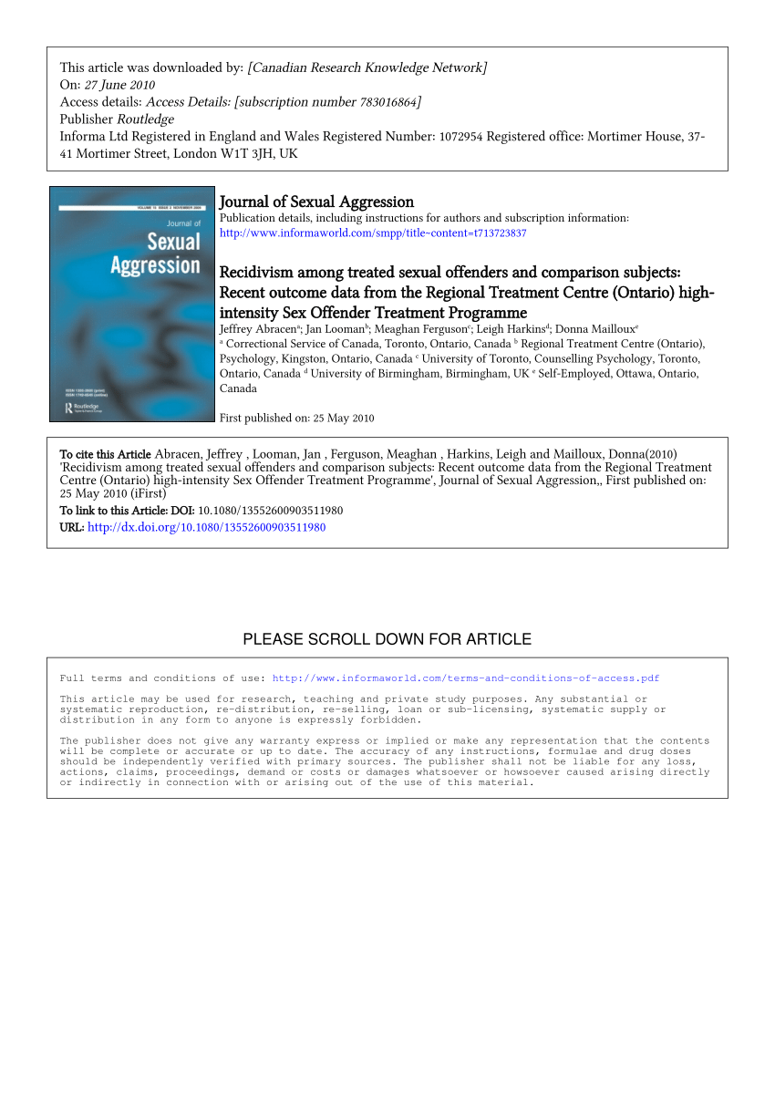 PDF) Recidivism among treated sexual offenders and comparison subjects:  Recent outcome data from the Regional Treatment Centre (Ontario)  high-intensity Sex Offender Treatment Programme