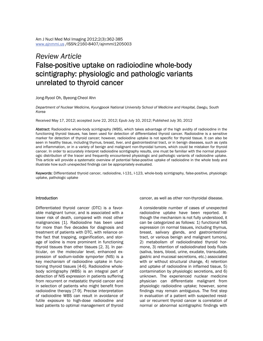 Pdf False Positive Uptake On Radioiodine Whole Body Scintigraphy Physiologic And Pathologic Variants Unrelated To Thyroid Cancer