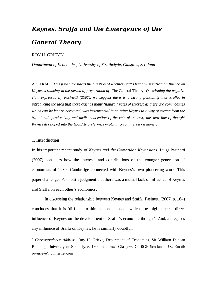 Pdf Keynes Sraffa And The Emergence Of The General Theory