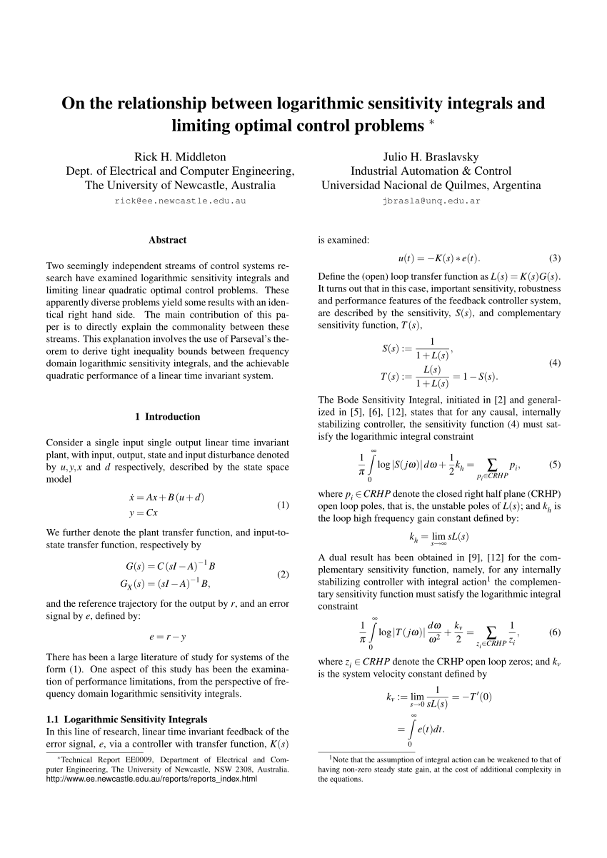 Pdf On The Relationship Between Logarithmic Sensitivity Integrals And Limiting Optimal Control Problems