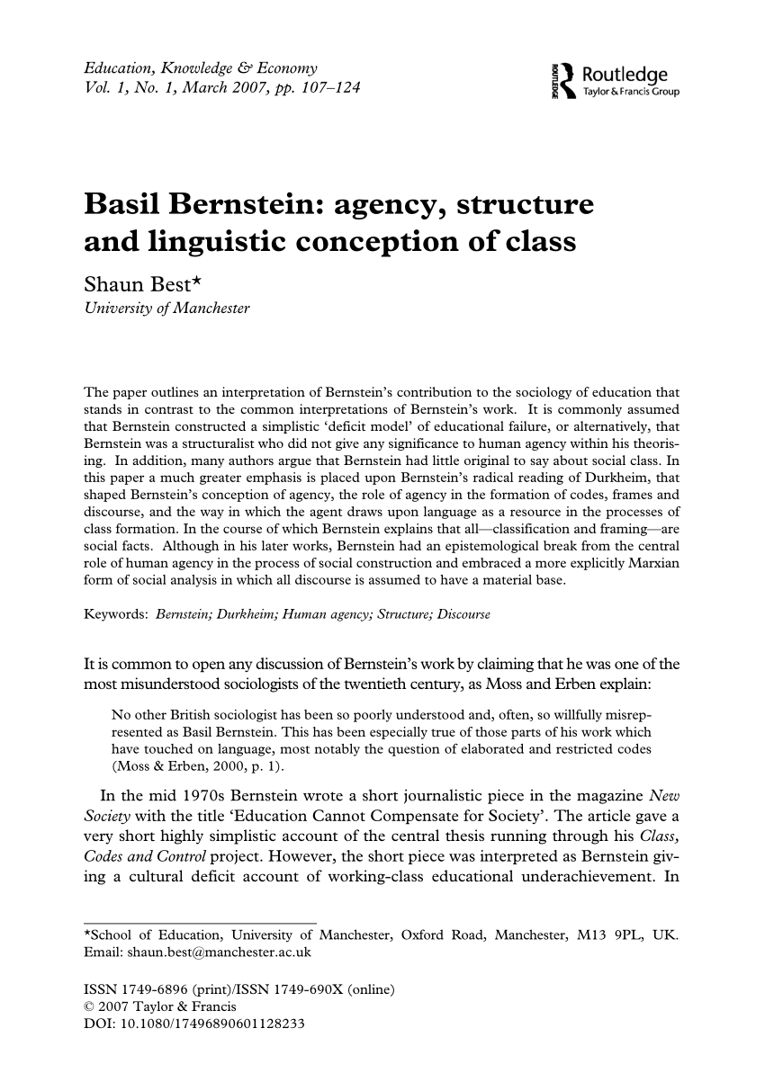 PDF Basil Bernstein agency structure and linguistic conception