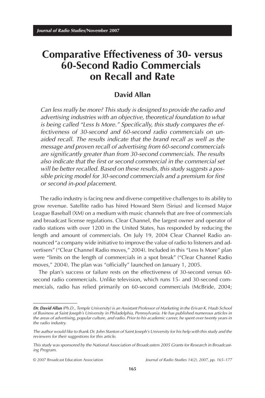 Pdf Comparative Effectiveness Of 30 Versus 60 Second Radio Commercials On Recall And Rate