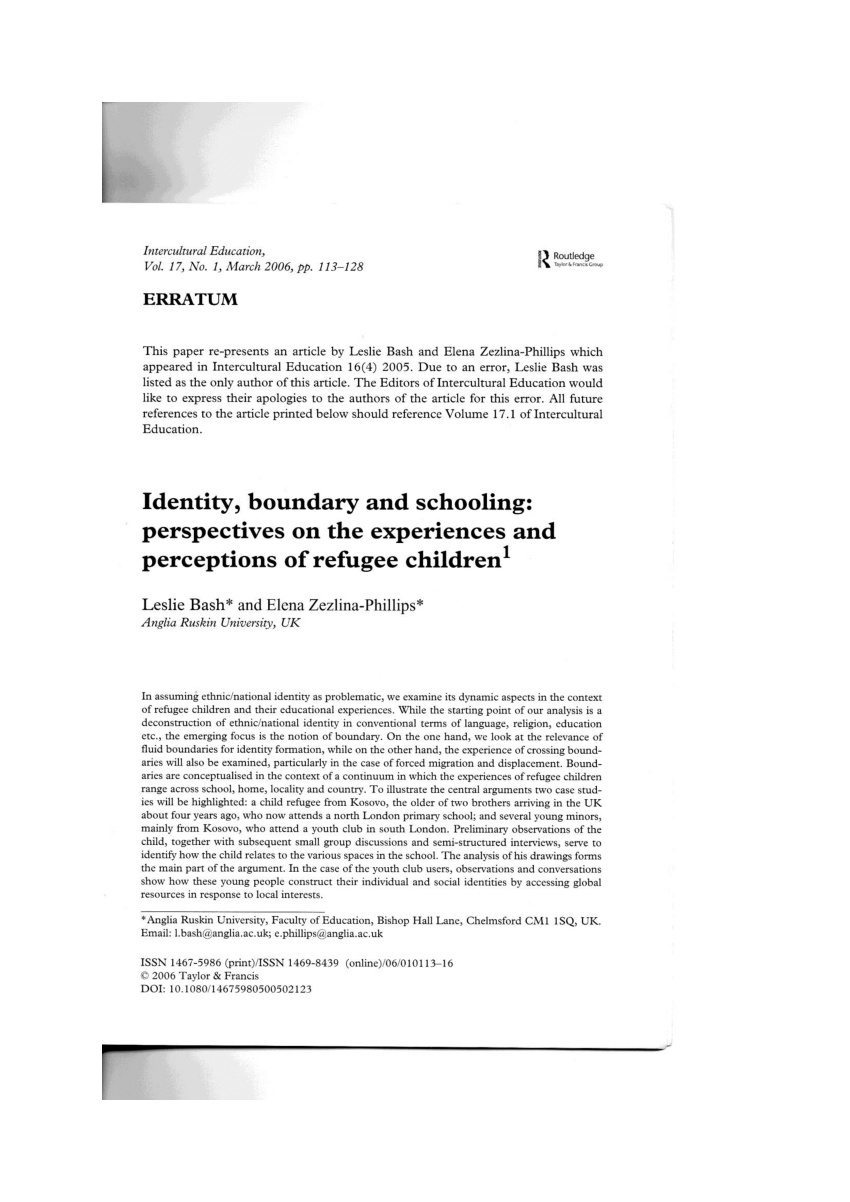 Pdf Identity Boundary And Schooling Perspectives On The Experiences And Perceptions Of Refugee Children 1