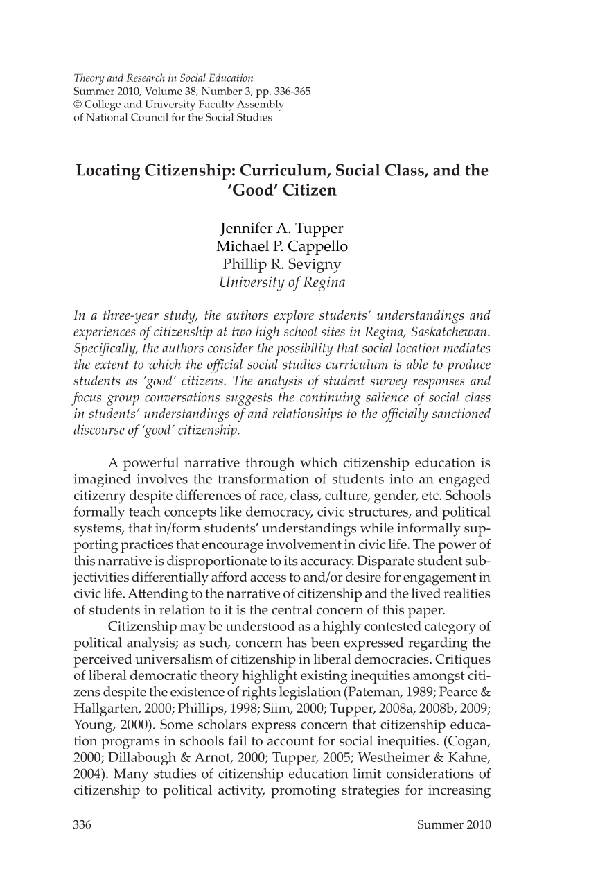 PDF) Locating Citizenship: Curriculum, Social Class, and the 'Good