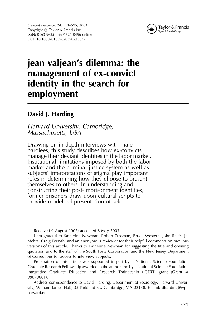 Pdf Jean Valjean S Dilemma The Management Of Ex Convict Identity In The Search For Employment