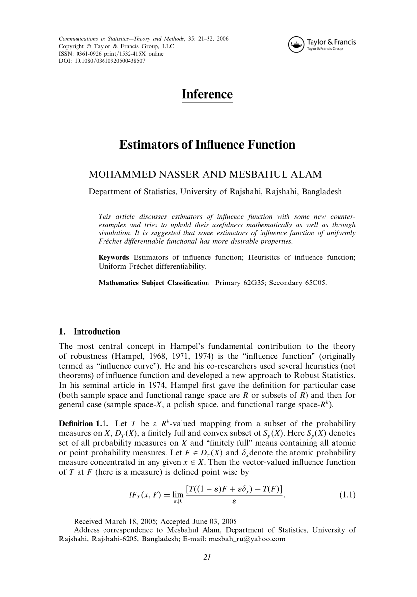 Pdf) Estimators Of Influence Function