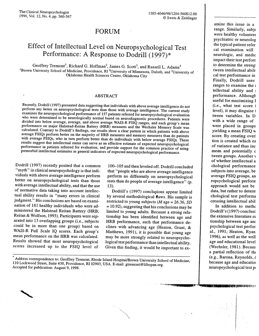 PDF Effect of Intellectual Level on Neuropsychological Test  