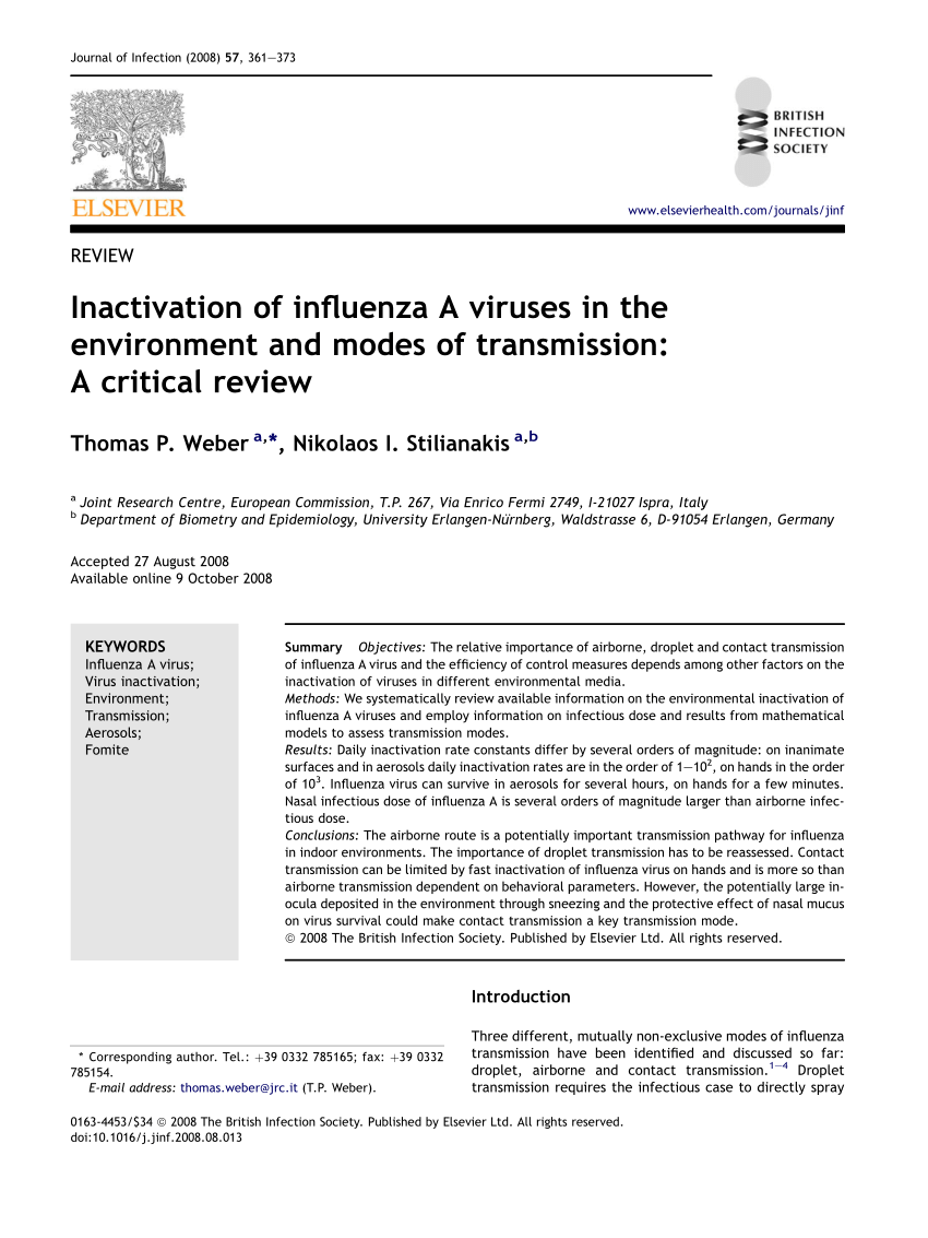 Pdf Inactivation Of Influenza A Viruses In The Environment And Modes Of Transmission A Critical Review