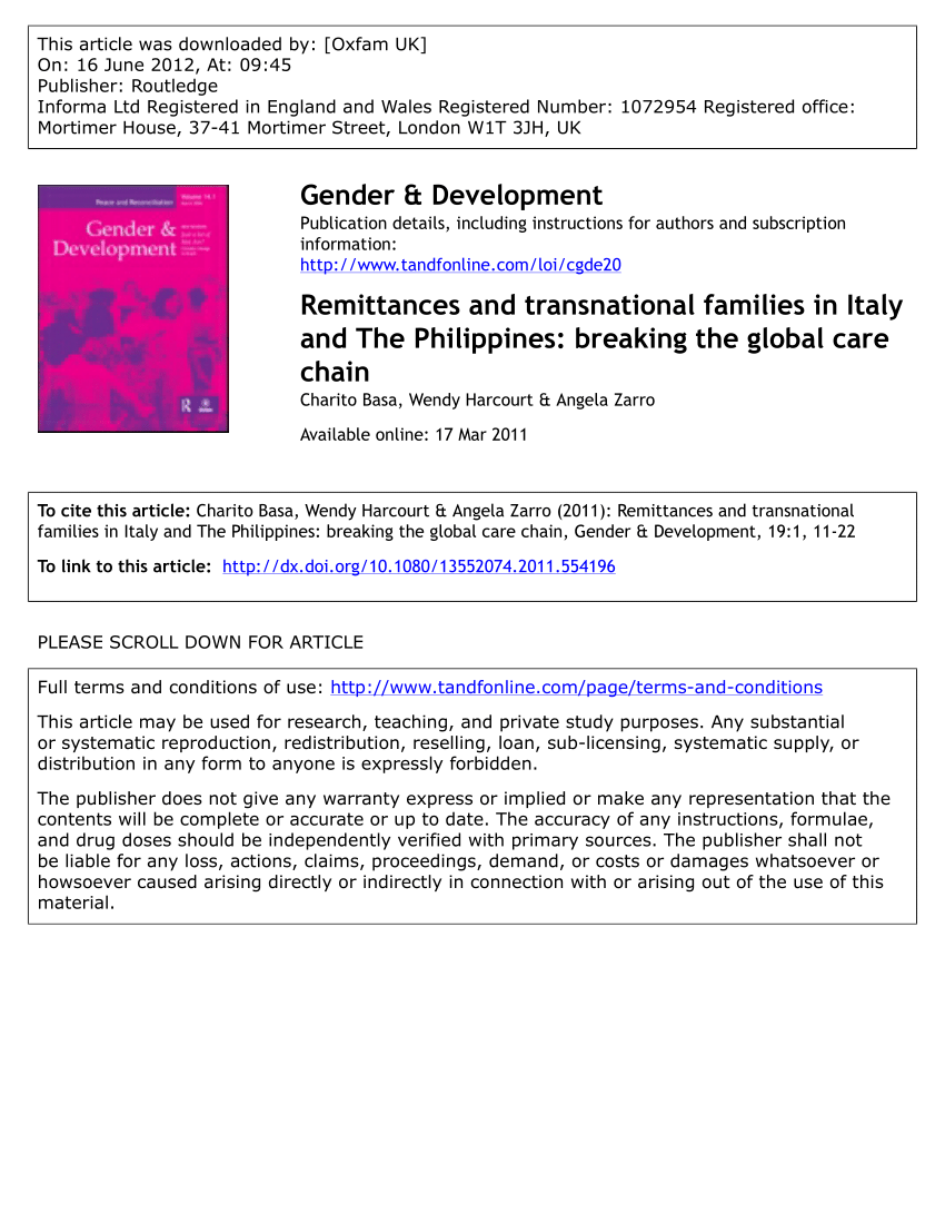 Pdf Remittances And Transnational Families In Italy And The Philippines Breaking The Global Care Chain