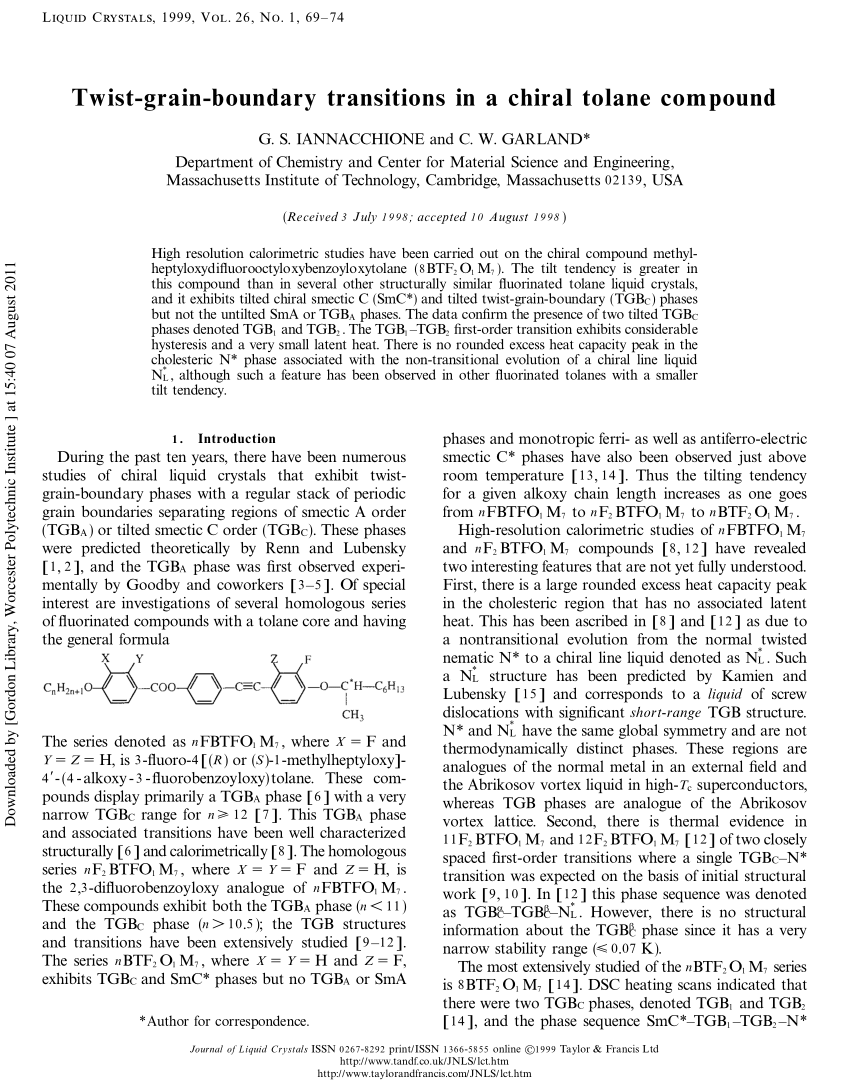 Pdf Twist Grain Boundary Transitions In A Chiral Tolane Compound