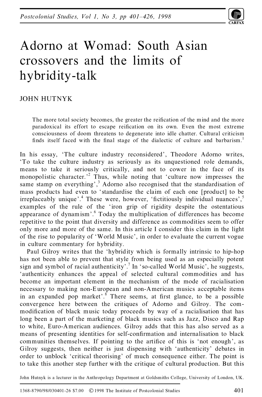 Pdf Adorno At Womad South Asian Crossovers And The Limits Of Hybridity Talk