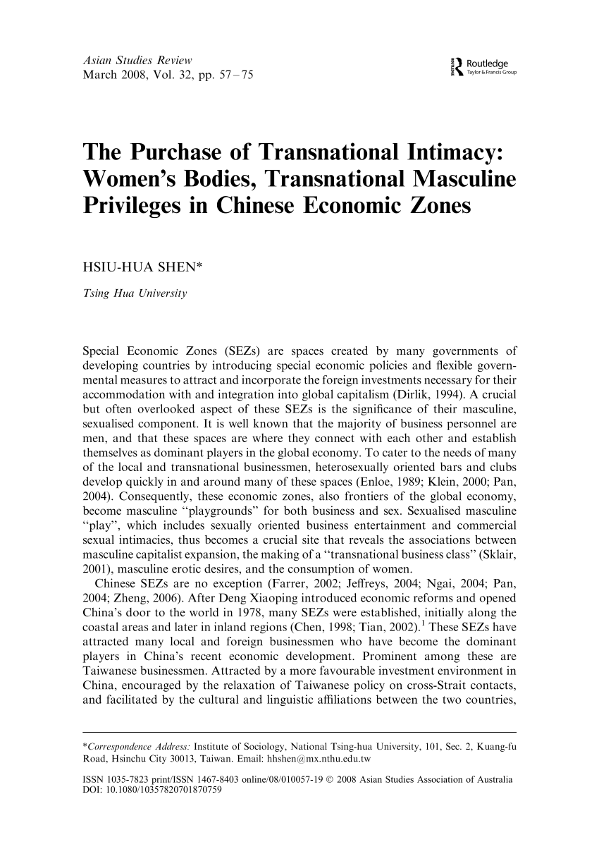 PDF) The Purchase of Transnational Intimacy Womens Bodies, Transnational Masculine Privileges in Chinese Economic Zones