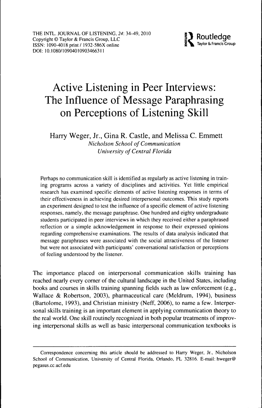 Pdf Active Listening In Peer Interviews The Influence Of Message Paraphrasing On Perceptions Of Listening Skill