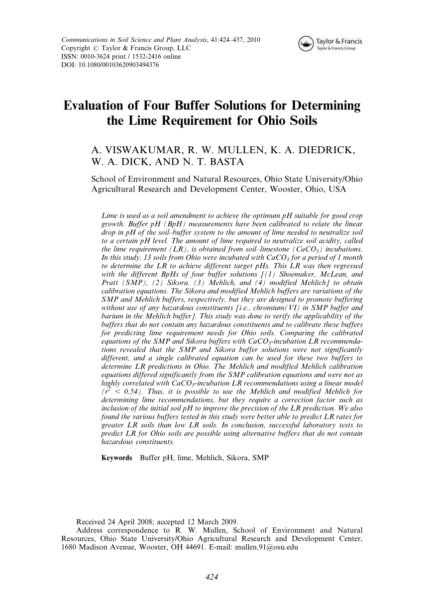 PDF) Evaluation of Four Buffer Solutions for Determining the Lime  Requirement for Ohio Soils