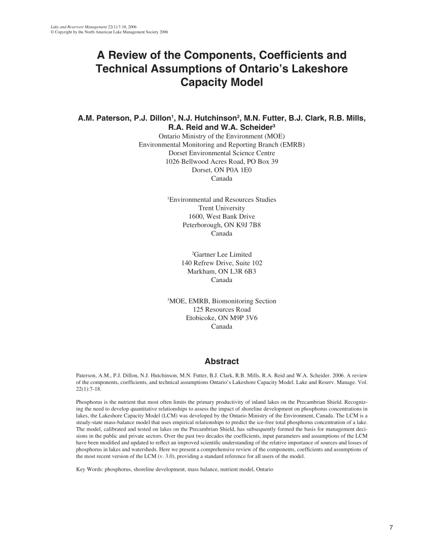 PDF) A Review of the Components, Coefficients and Technical Assumptions of  Ontario's Lakeshore Capacity Model