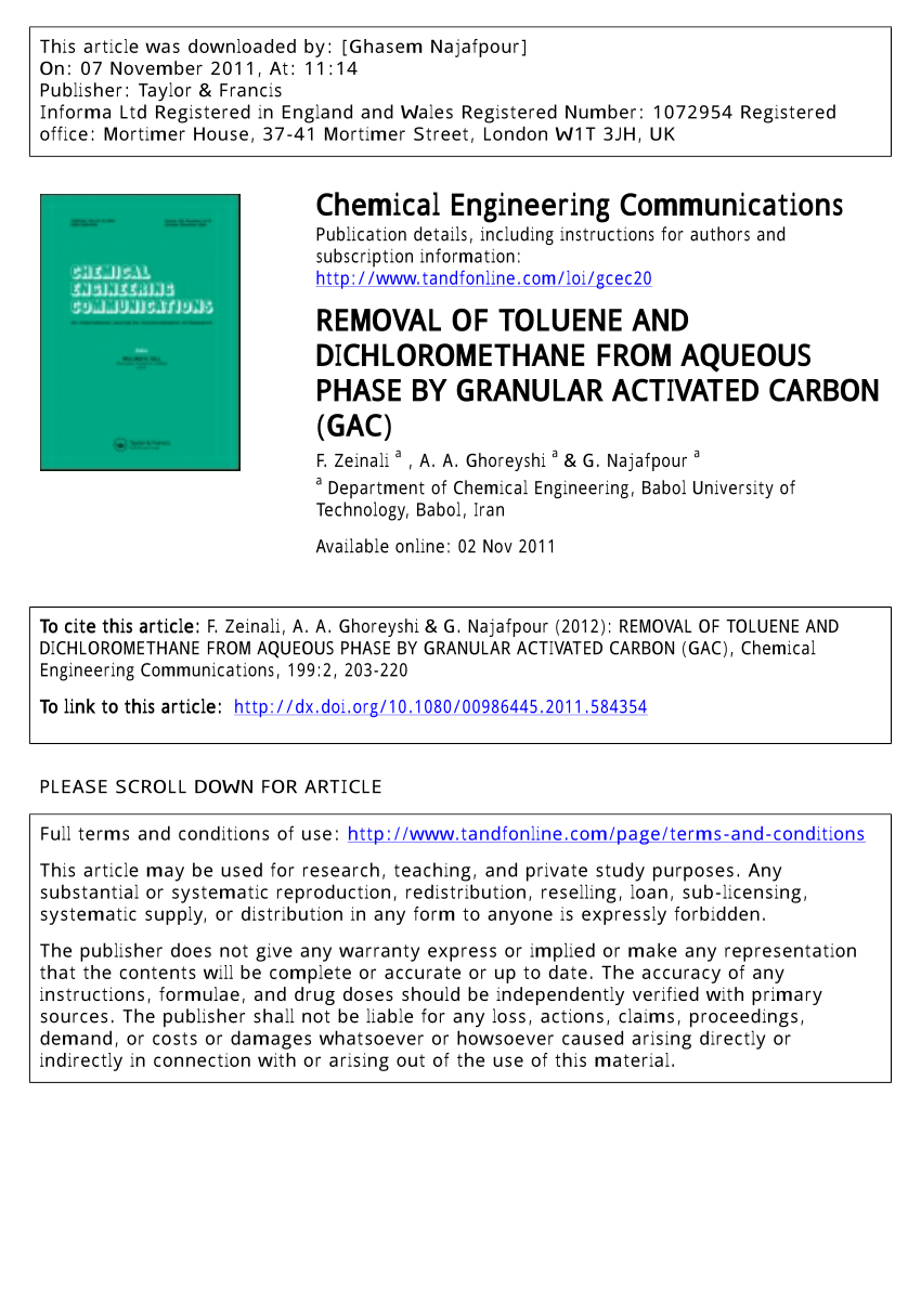 Pdf Removal Of Toluene And Dichloromethane From Aqueous Phase By Granular Activated Carbon Gac