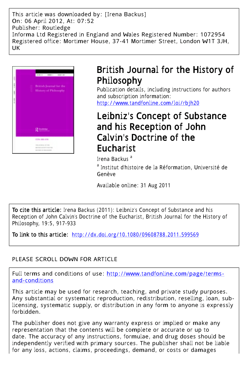 Pdf Leibniz S Concept Of Substance And His Reception Of John Calvin S Doctrine Of The Eucharist