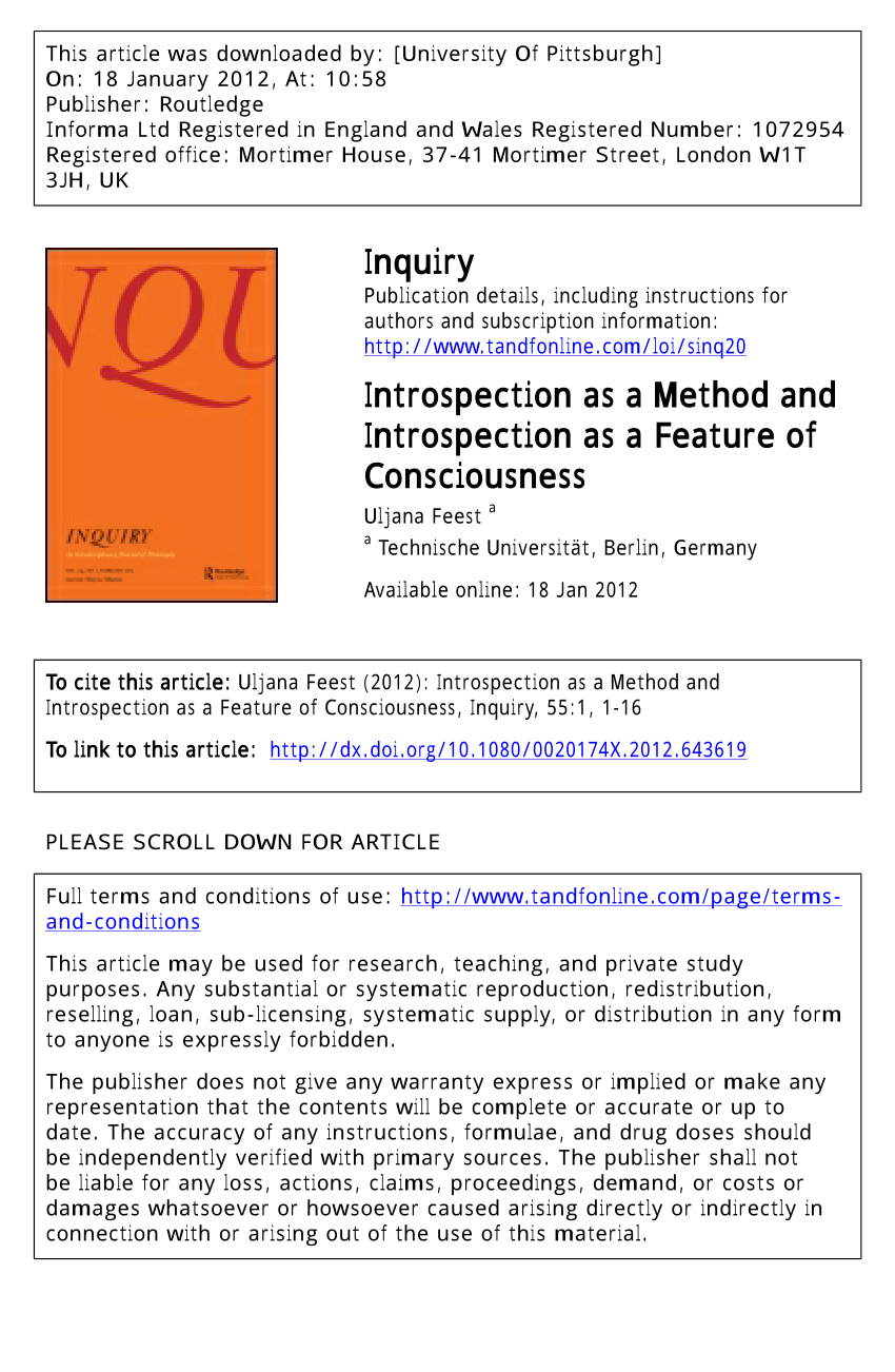 Pdf Introspection As A Method And Introspection As A Feature Of Consciousness