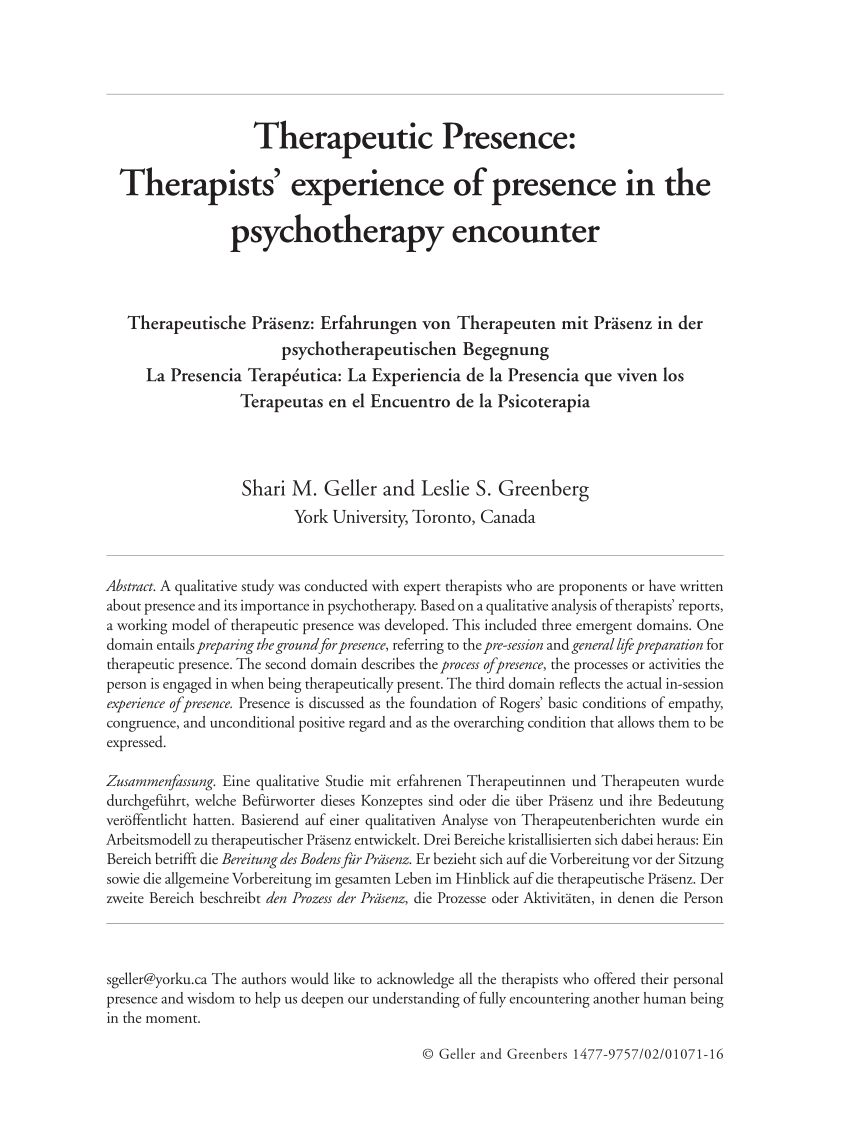 Pdf Therapeutic Presence Therapists Experience Of Presence In The Psychotherapy Encounter Therapeutische Prasenz Erfahrungen Von Therapeuten Mit Prasenz In Der Psychotherapeutischen Begegnung La Presencia Terapeutica La Experiencia De La Presencia