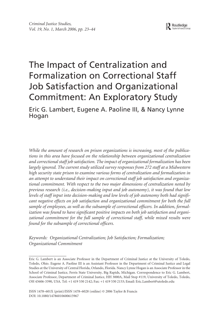 Pdf) The Impact Of Centralization And Formalization On Correctional Staff Job Satisfaction And Organizational Commitment: An Exploratory Study