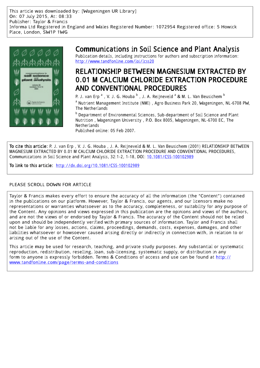 Pdf Relationship Between Magnesium Extracted By 0 01 M Calcium Chloride Extraction Procedure And Conventional Procedures