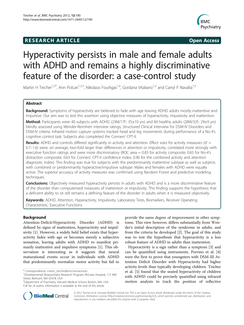 Pdf Hyperactivity Persists In Male And Female Adults With Adhd And Remains A Highly Discriminative Feature Of The Disorder A Case Control Study
