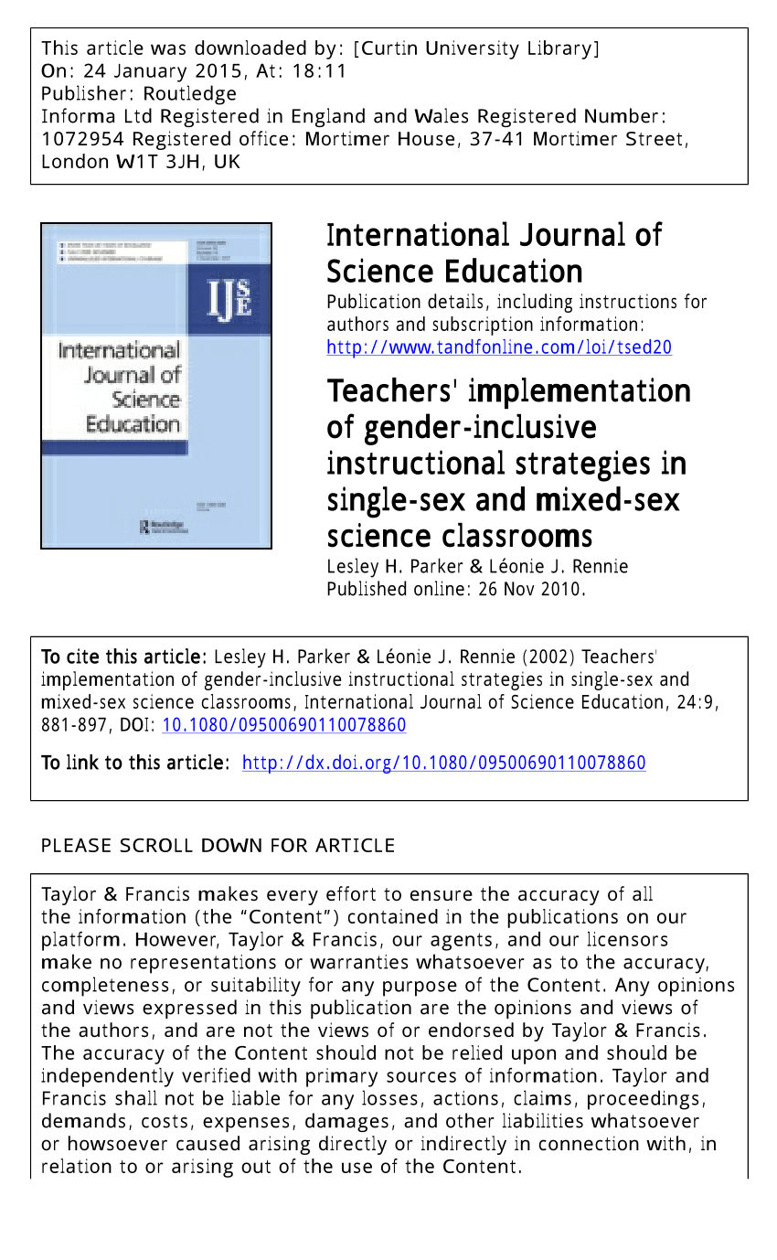 Pdf Teachers Implementation Of Gender Inclusive Instructional Strategies In Single Sex And Mixed Sex Science Classrooms