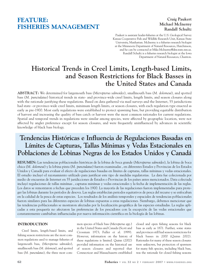 PDF) Historical Trends in Creel Limits, Length-based Limits, and